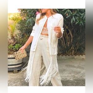 ZARA Floral Fringe Tassel Jacquard Embroidered Kimono Sz M White Ivory NWOT